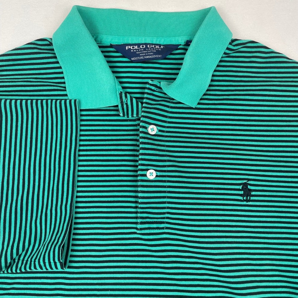 Polo Golf Ralph Lauren Mens Large Green Black Striped Pima Cotton Polo Shirt